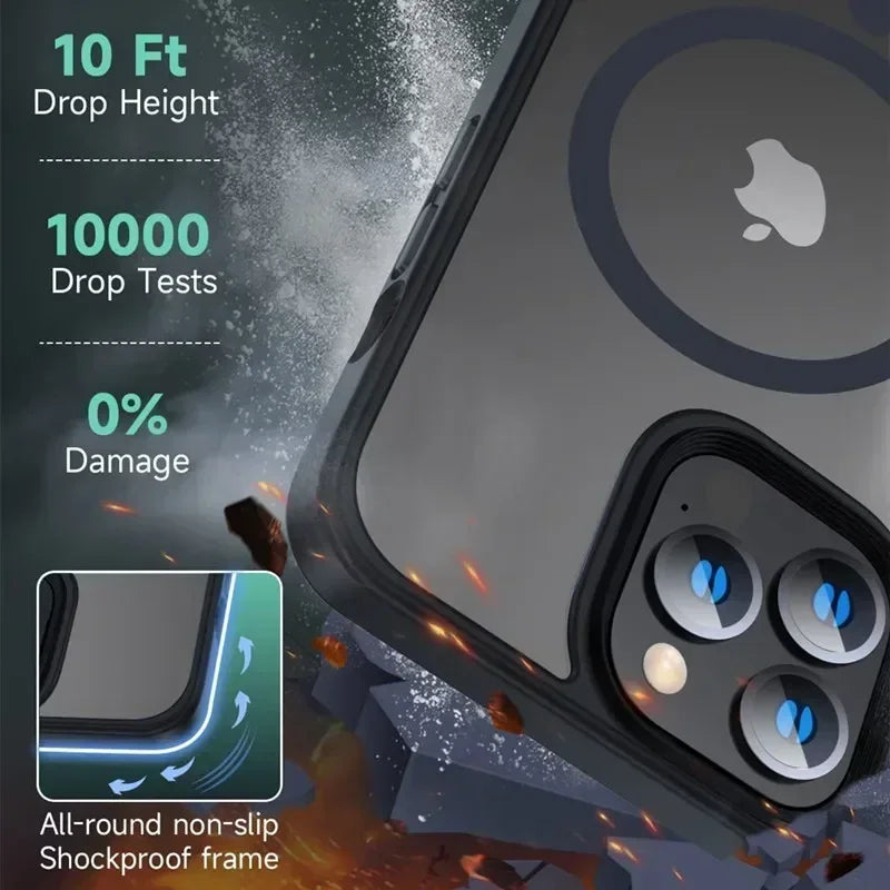 Shockproof Matte Transparent iPhone Case – MagSafe & Wireless Charging Compatible