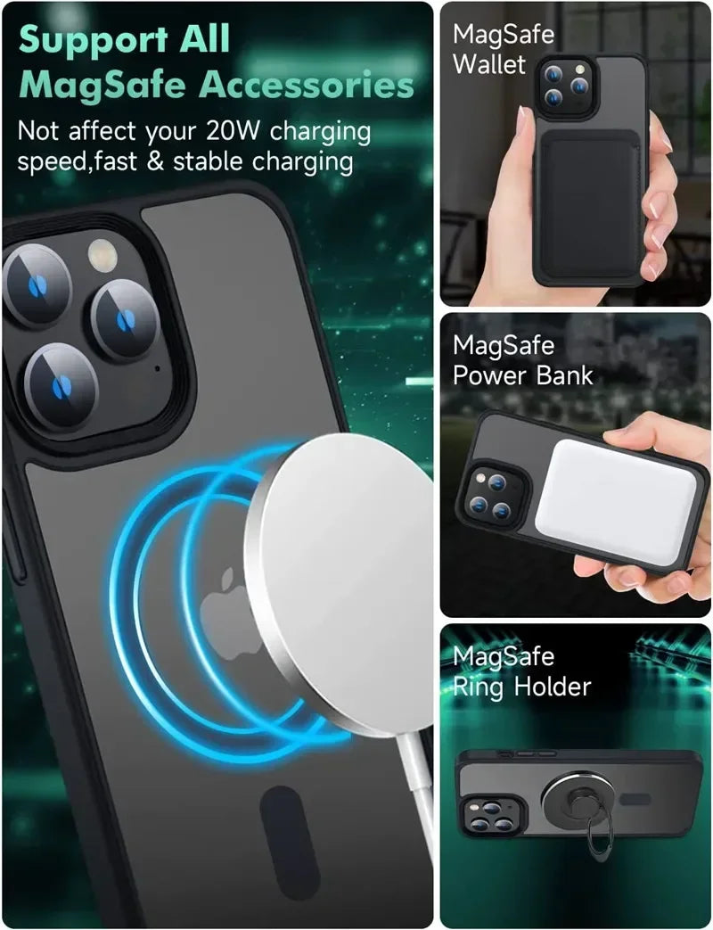 Shockproof Matte Transparent iPhone Case – MagSafe & Wireless Charging Compatible