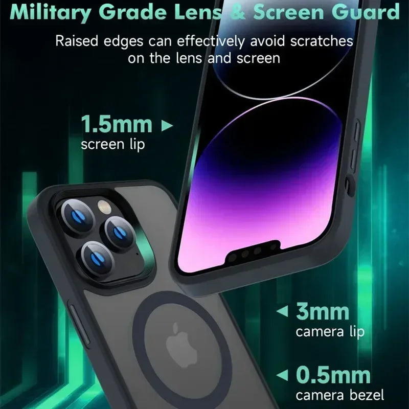 Shockproof Matte Transparent iPhone Case – MagSafe & Wireless Charging Compatible