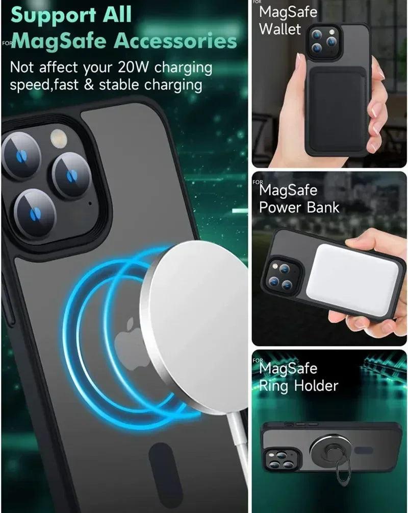 Shockproof Matte Transparent iPhone Case – MagSafe & Wireless Charging Compatible